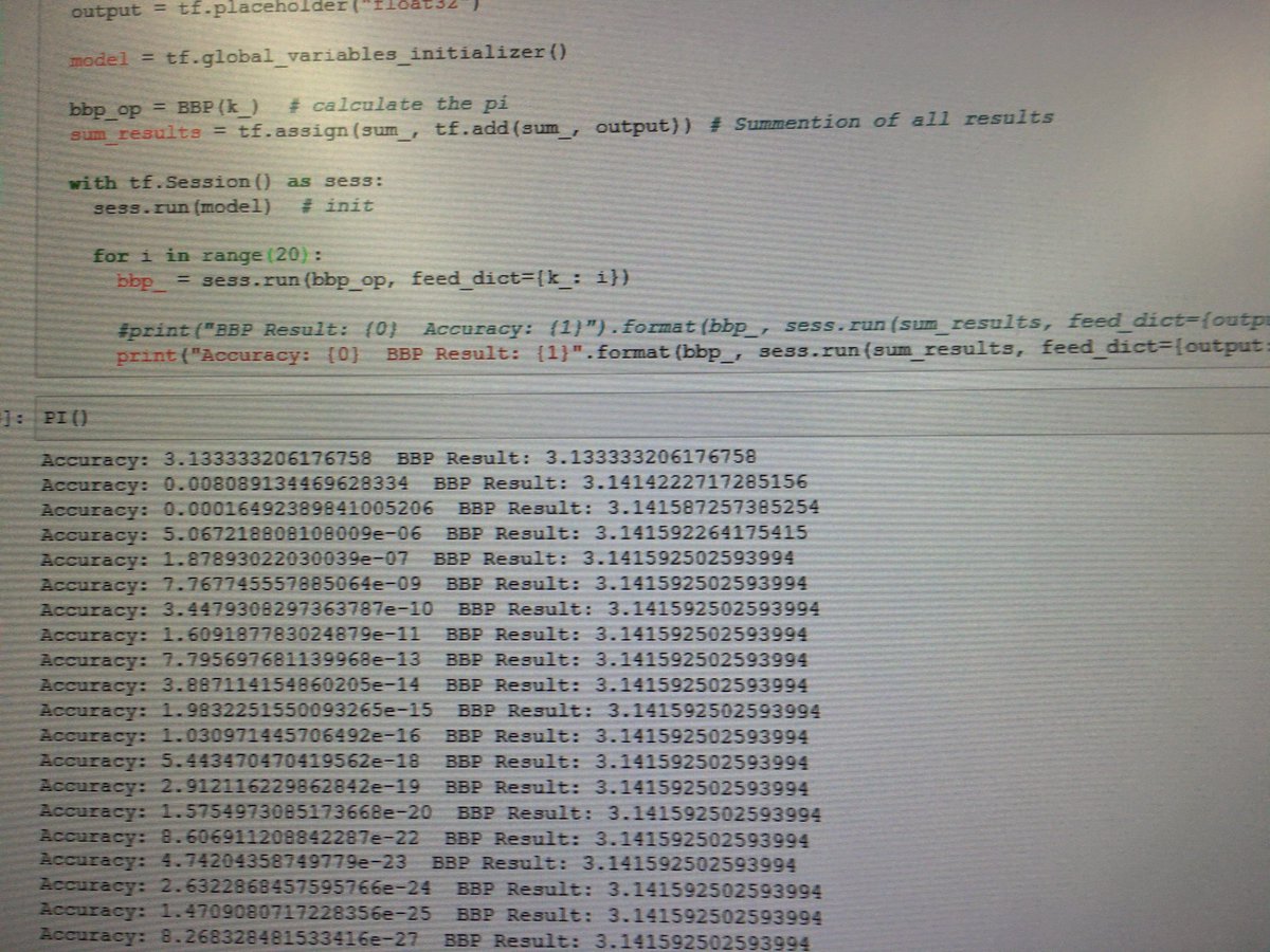 mikamism's tweet image. 今日は円周率の日ということで、tensorflowで円周率を計算してみた
(・∀・)！

ほぼコピペだがね！！

#円周率の日
#tensorfow