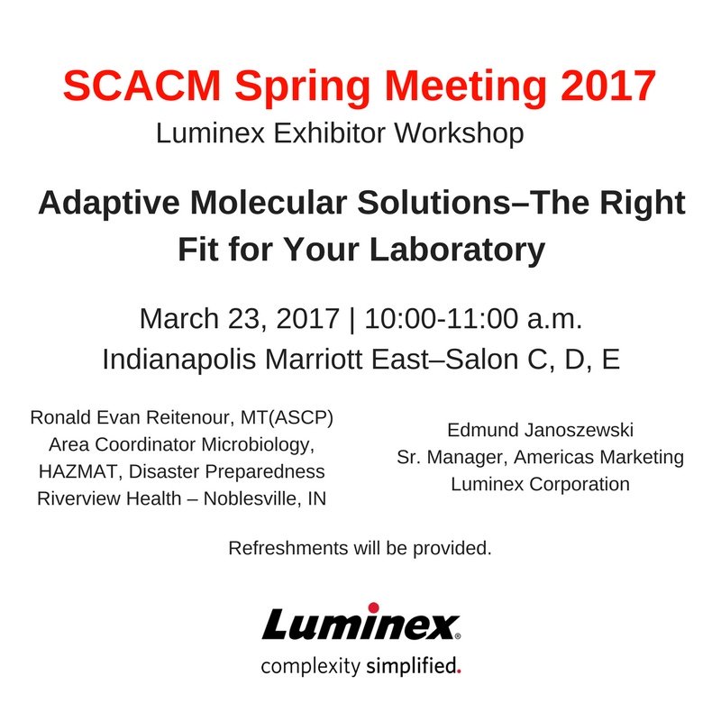 Luminex's tweet image. Attending the #SCACM Spring Meeting next week in Indianapolis? Stop by our exhibitor workshop on 3/23!