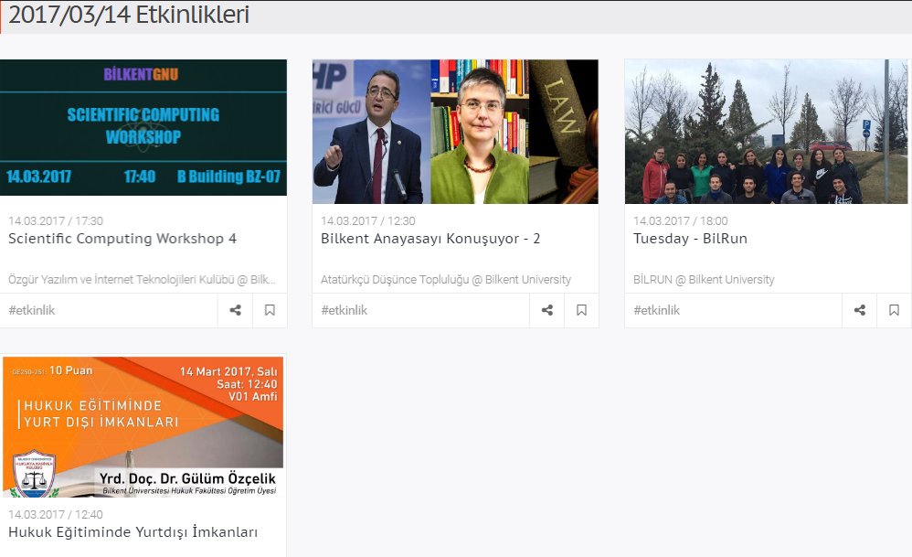 Bugünkü Bilkent kulüp etkinleri, GE 200/250 puanları, yer ve saatleri seruvent.com'da