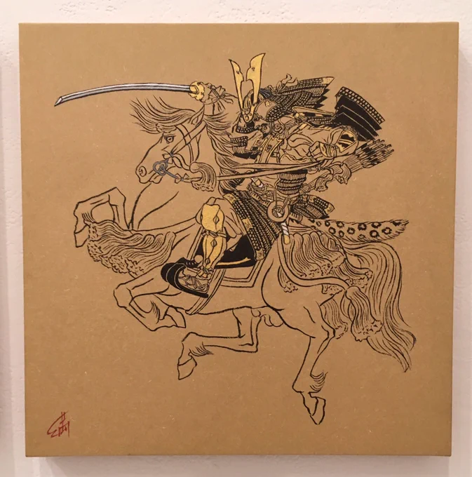 線画展2017も終わったので、出展したアナログ絵を公開。作品➀『室町大将軍』レコード盤サイズ パネル張り。 