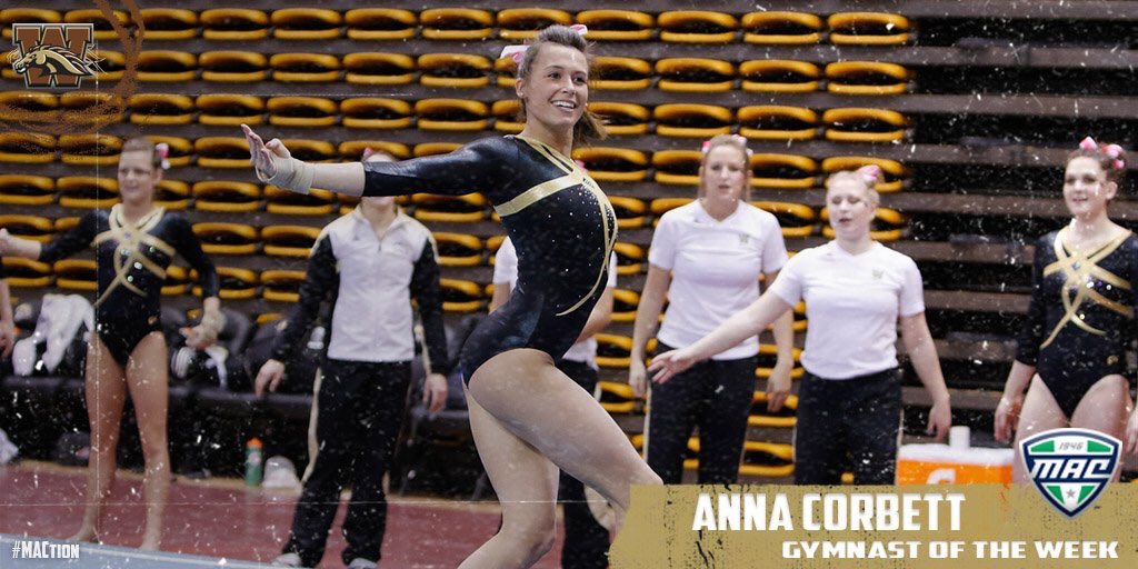 WMU_Gymnastics's tweet photo. Congrats to Senior Anna Corbett for being named MAC Gymnast of the Week!!! #WMUGymnastics #WeWillReign #MACtion 💛🐴 https://t.co/ILXGSUHB1c