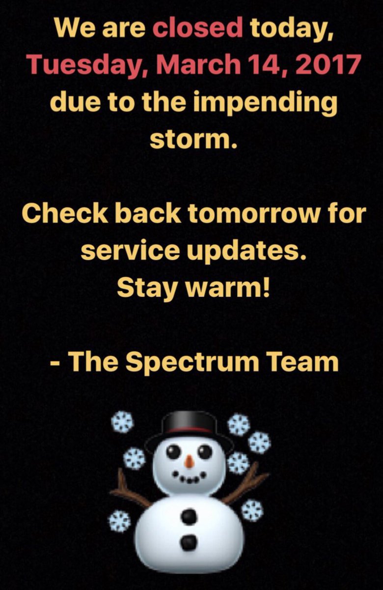 SpectrumArtsLLC's tweet photo. We are CLOSED today, Tuesday, March 14, 2017. Check our website, social media outlets, &amp; listing on News 10 for updates. Stay warm, #ROC! ❄️ https://t.co/FHWBg2aveG