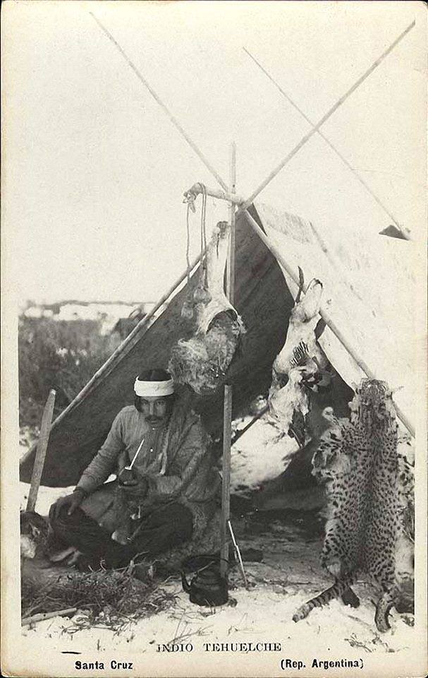 HistoriaMapuche's tweet photo. Chewelche mateando en toldo, Puelmapu. A mano derecha puede verse colgando la piel de un nawel. Ese es el nawel a que se refiere Bombo Fica. https://t.co/ooudXhXZvz