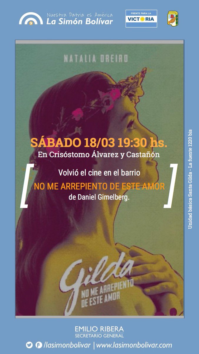 lasimonbolivar's tweet photo. Este Sabado a las 19.30 Venite que hay cine e la #SantaGilda #NoMeArrepientoDeEsteAmor #FelizMartes #SalePeli https://t.co/DwGwGcCT53