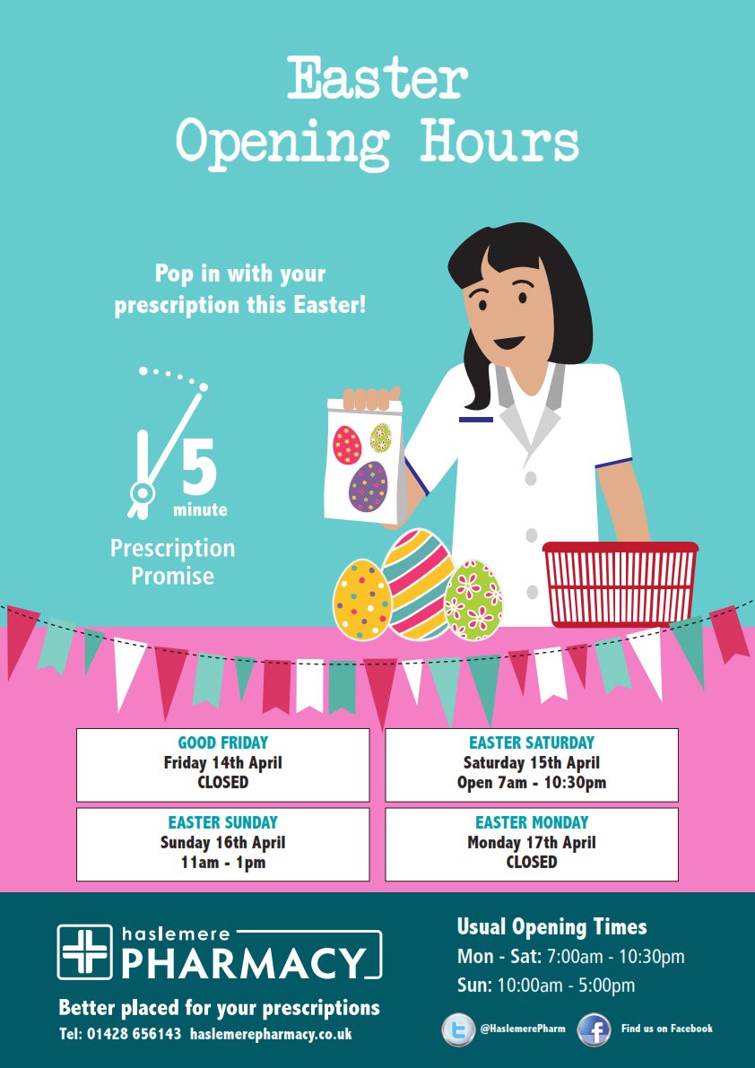 HaslemerePharm's tweet photo. Check out our Easter Bank Holiday opening times here.  Remember to stock up and order your prescriptions. https://t.co/xze61nBOwh