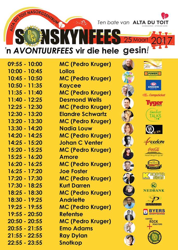 Die <a href="/Sonskynfees/">Sonskynfees</a> <a href="/HillcrestQuarry/">Hillcrest Quarry</a> program met <a href="/raydylanrocks/">Ray Dylan</a> @JoeFosterMusiek <a href="/amoresangeres/">Amoré Rudman</a> <a href="/LollosMusiek/">Lollos</a> <a href="/TygerBurger/">TygerBurger</a> @SAFeeste