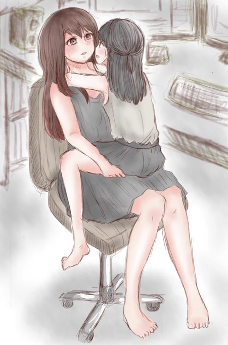 「ぱそこんのおしごとおわるのまだー?」みたいな絵。