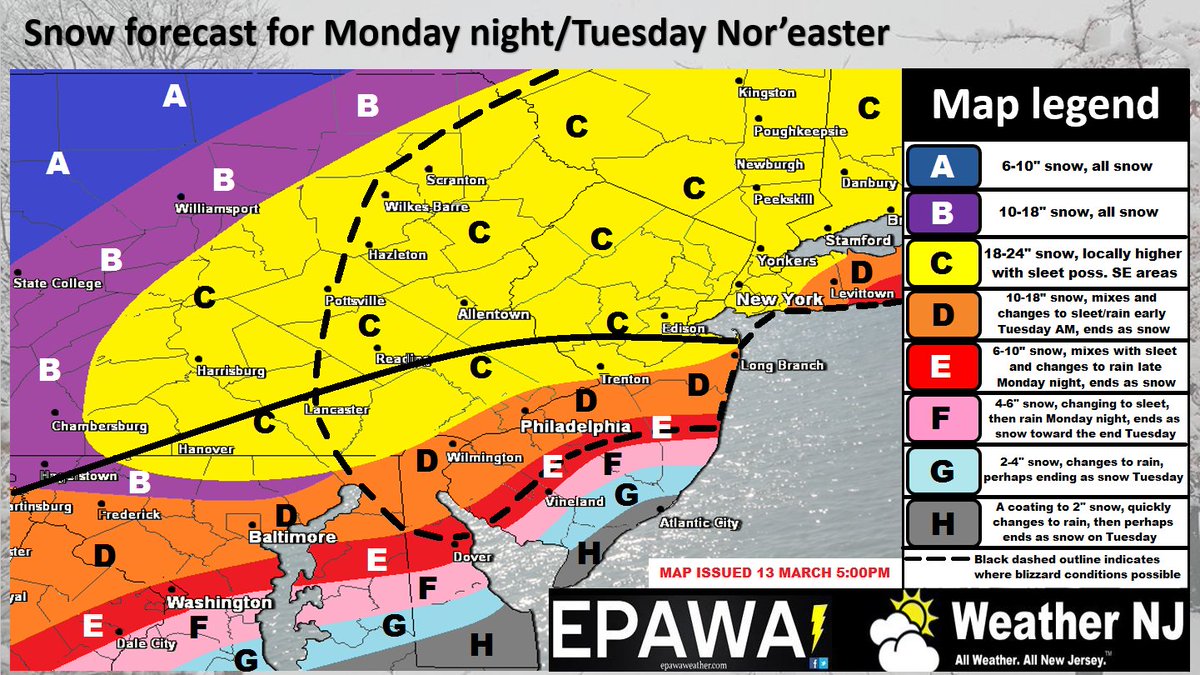 North of the solid black line drawn here over the map, projections stand as called. South areas even post-change to snow, cut totals in half