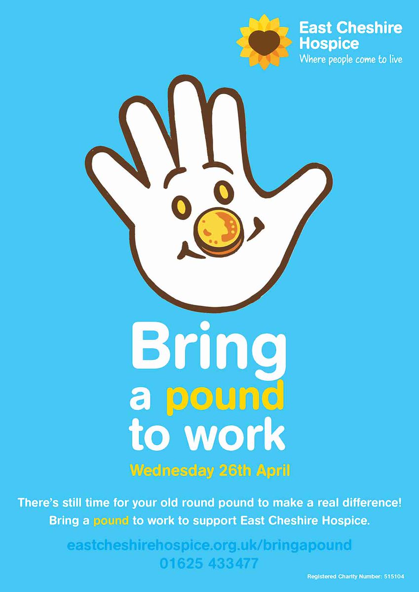 Bring a pound to work on Wednesday 26th April to support East Cheshire Hospice! Get involved: eastcheshirehospice.org.uk/bringapound #Cheshire #Fundraising