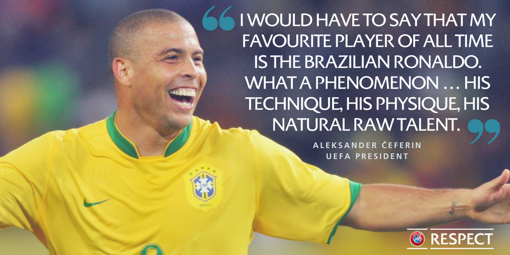 UEFA's tweet photo. Our president is a big fan of 'Il Fenomeno' - @Ronaldo 🇧🇷 
Read more in our exclusive interview ➡️ 📰  https://t.co/5KLHJvGTZB https://t.co/hhPLcXmZfg