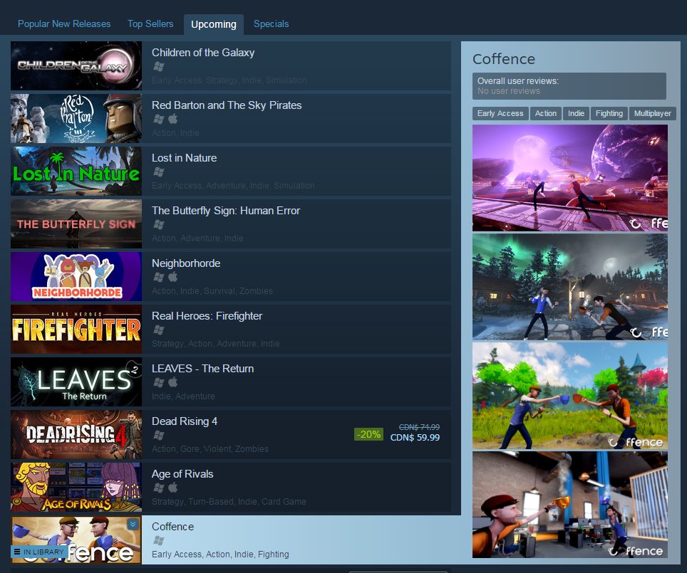 .<a href="/PlayCoffence/">Coffence</a> is on the #Steam page of upcoming releases. Early access will be available today at 1 PM EST. #indiegame #indiedev #gamedev