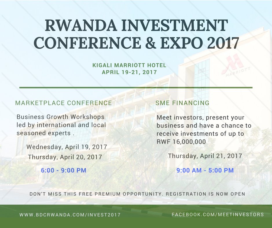 MeetInvestor's tweet photo. Entrepreneur? Come&amp;meet investors @InvestConf2017 (19-21/04/17 @KigaliMarriott) 4 biz growth workshops&amp;investments. https://t.co/Z4H4w568Eg https://t.co/BCUbC38vxL