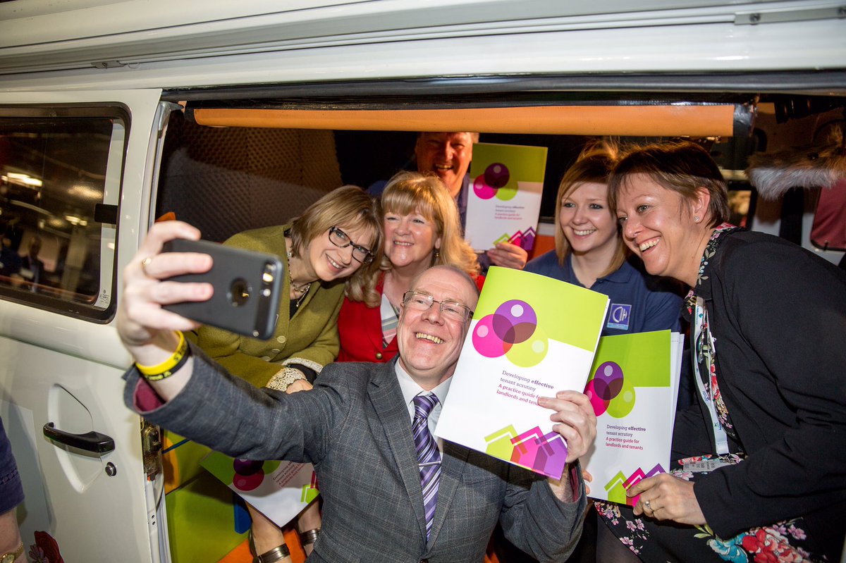SnapperJohn's tweet photo. #housingfestival2017 housing minister @KevinStewartSNP taking a selfie with @CIHhousing staff at the camper van https://t.co/vES8A4PPPy