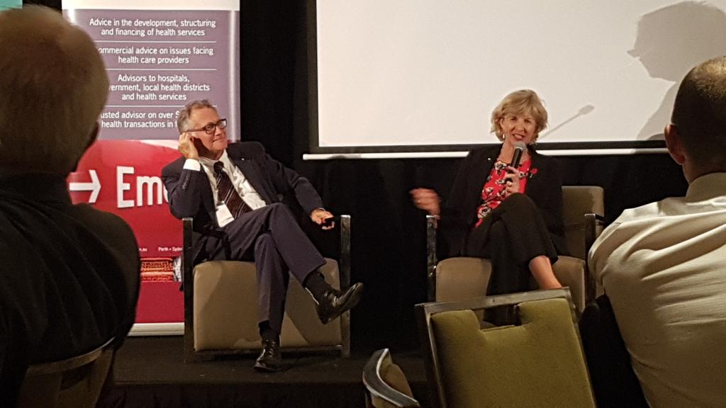 DanMahonyFHL's tweet photo. Q&amp;A session with Dr Geoff Gallop &amp; Dr Ingrid Van Beek at the @ACHSM WA Leadership Dinner #politics #publichealth https://t.co/1avnZ3FGrK
