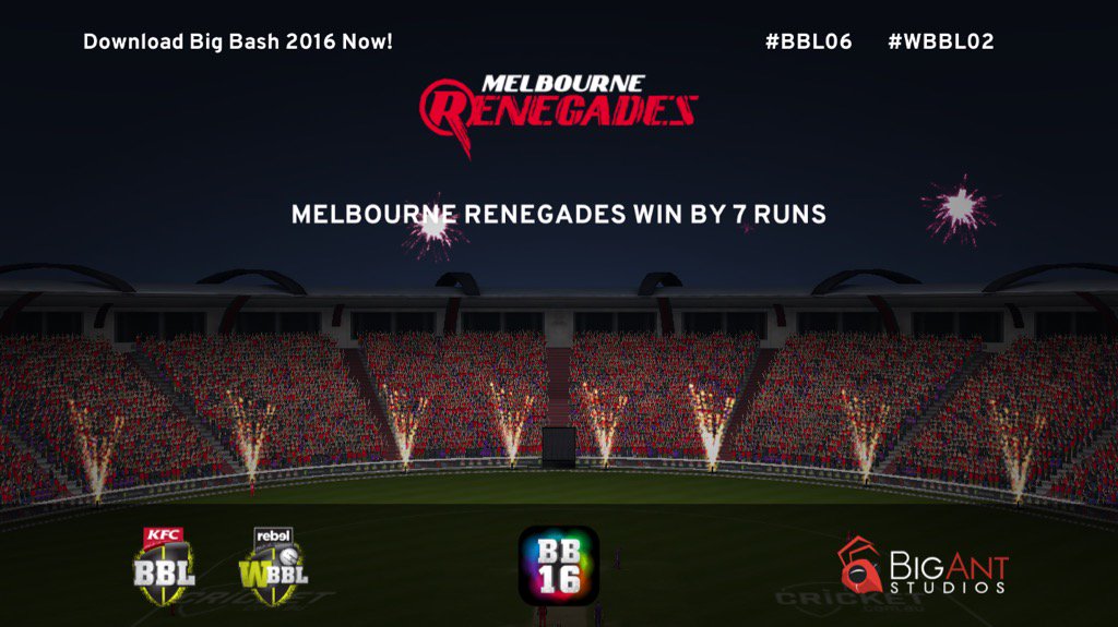 Cinema_With_PRD's tweet image. MELBOURNE RENEGADES WIN BY 7 RUNS #BigBash2016 #BBL06 #WBBL02 #BigAnt