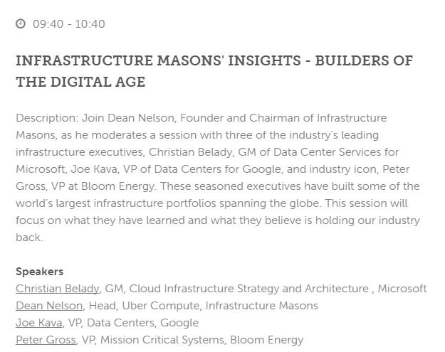 #DCDEnterprise Dean Nelson from <a href="/Uber/">Uber</a> Infrastructure Masons' insights - Builders of the digital age-Live stream here ow.ly/h0sz309TlAS