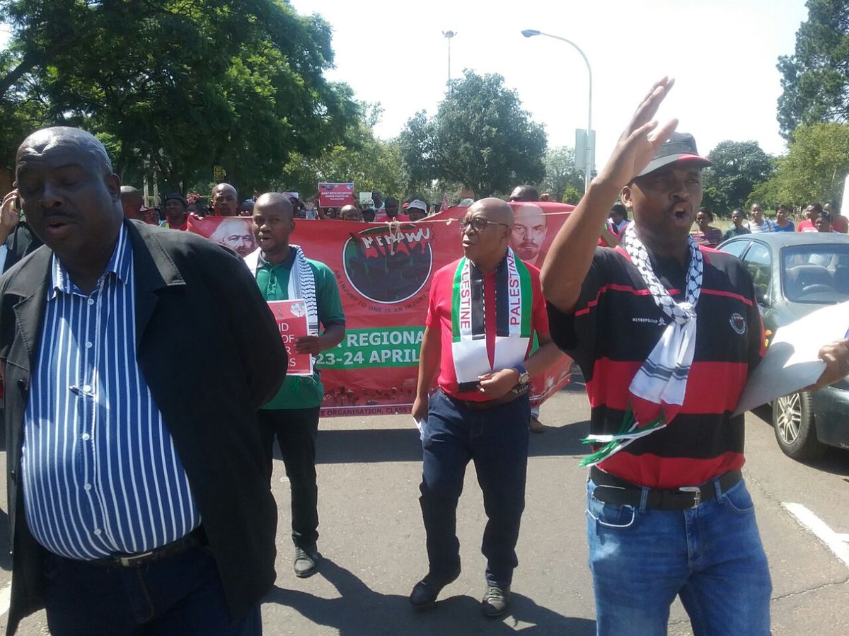 IAW_Africa's tweet photo. NEHAWU in Mpumalanga province march to Emalahleni Local Municipality against its contract with G4S as part of #IsraeliApartheidWeek https://t.co/Q4aqlPL6UM