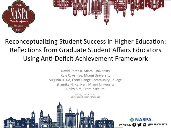drdavidperezii's tweet image. @MikaKarikari &amp;amp; @VirginiaHDo presented their first paper at #NASPA17. Translating @DrShaunHarper #AntiDeficit framework to practice.