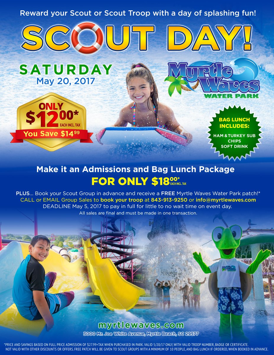 MyrtleWavesSC's tweet photo. Scout Day is May 20!! Book your Troop or Pack today to ensure a FREE patch for all Scouts https://t.co/nvIUMLP7Zv #ScoutDay #MyrtleWaves https://t.co/miGOmTXLkF