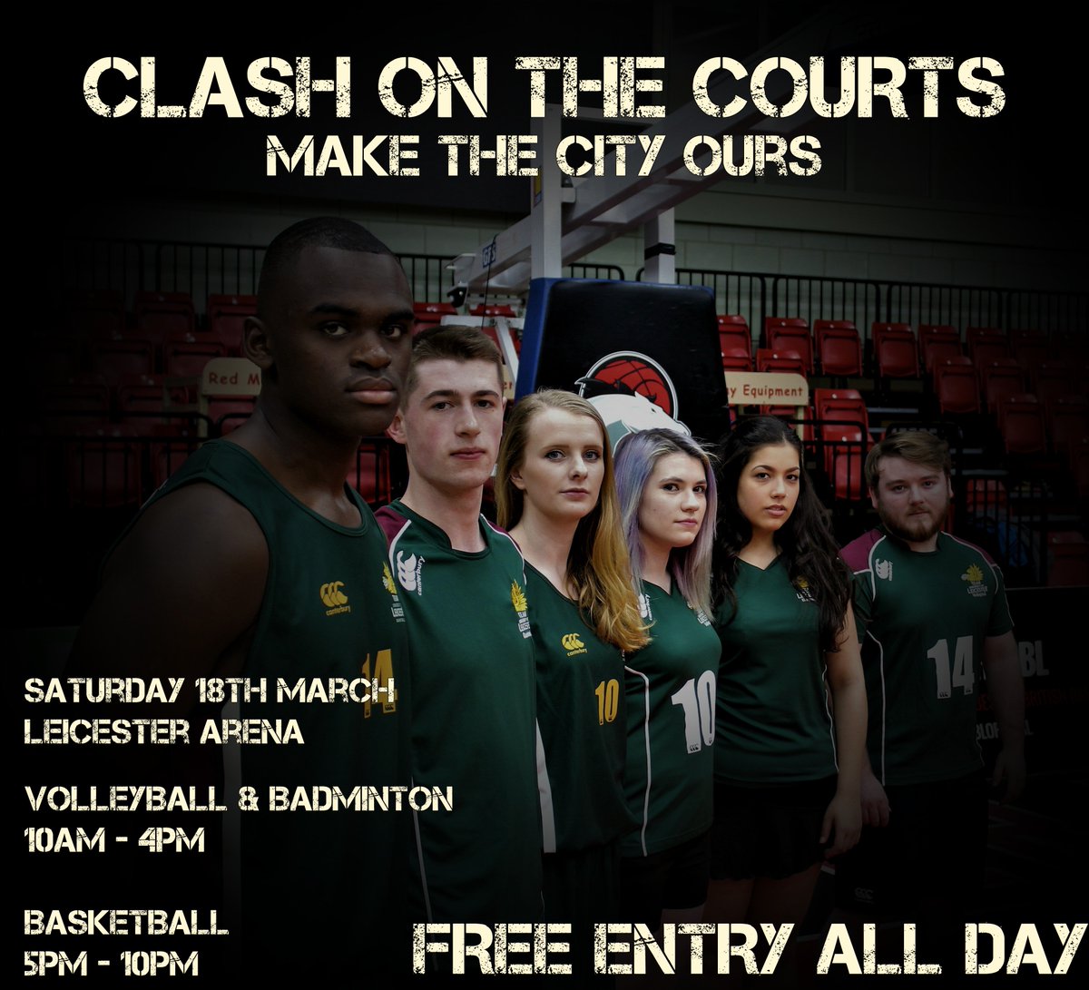 UOL_Sport's tweet photo. Join Badminton, Volleyball and Basketball for Clash on the Courts this Saturday at the Leicester Arena! #TeamLeicester #DMULEI #Varsity2017 https://t.co/vZj50d1iX7