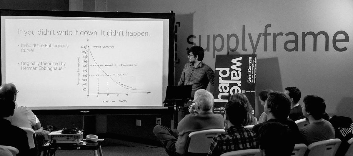 PartsIO's tweet photo. At #HDDG18, @hackaday writer and project manager @dammitcoetzee discusses "making engineering more scientific" https://t.co/NEihUWkgM3 https://t.co/DdrKC31sjw
