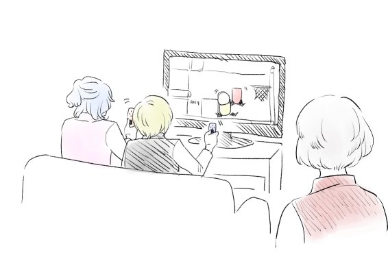スニッパーズで盛り上がる姉二人と、ゼル伝やりたいから早くどいて欲しいなって思ってる末っ子の落書きです。 