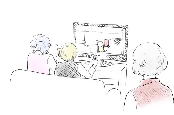スニッパーズで盛り上がる姉二人と、ゼル伝やりたいから早くどいて欲しいなって思ってる末っ子の落書きです。 