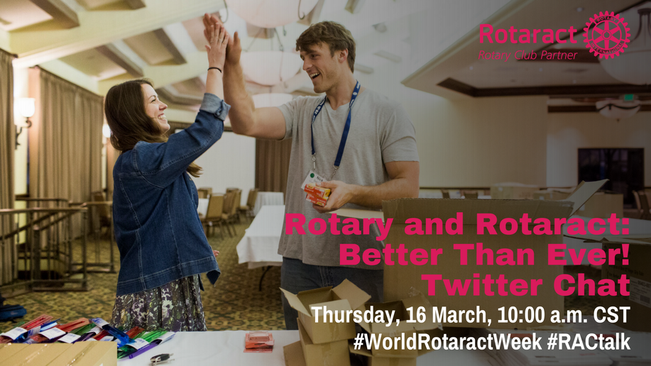 rotaract's tweet photo. #RACtalk is back! Join us for a Twitter chat this #WorldRotaractWeek to discuss new ways for @Rotary and @rotaract to work better together! https://t.co/O9BcMCqQ6M