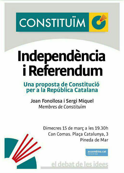 Constituim's tweet photo. Independència i referèndum a Pineda amb @irun721 i @JoanFonollosa a @ANCPineda dimecres 15 de març a les 19.30 https://t.co/1aerT9hyUo