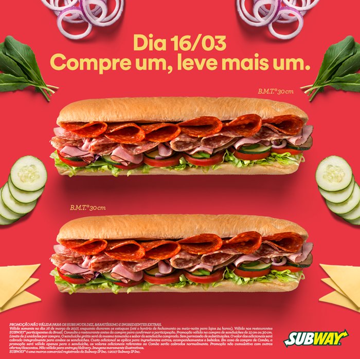 Subway Brasil - Compre um, leve outro. Simples e gostoso assim, só hoje no SUBWAY®. Encontre a loja mais próxima e não perca essa chance. Mais informações em bit.ly/2m9jEJ8.