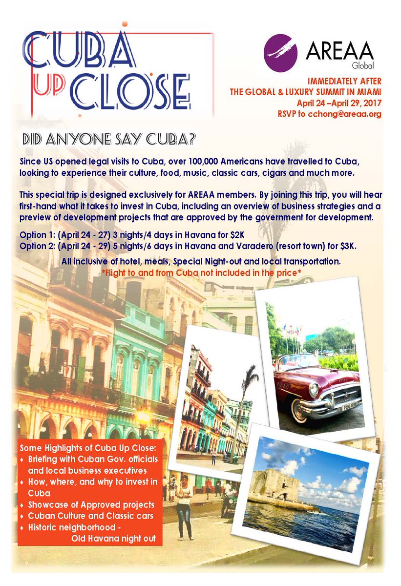 Today is the last day to RSVP for AREAA Global's Cuba Up Close! There are only a few spots left! See flyer for more info!