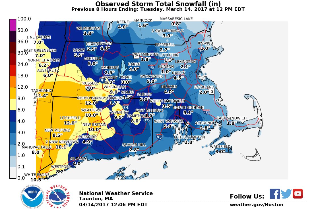 snowfall totals across southern New England as of Noontime.