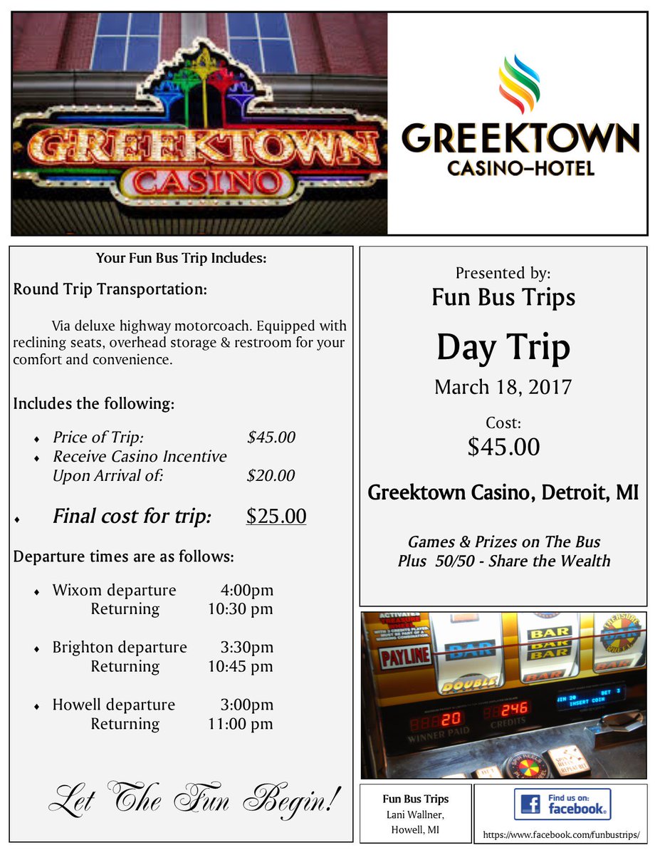 FunBusTrips1's tweet image. We still have 5 seats left for "Greektown Casino" on Saturday, March 18th. Visit wesite at: funbustrips.com and sign up.