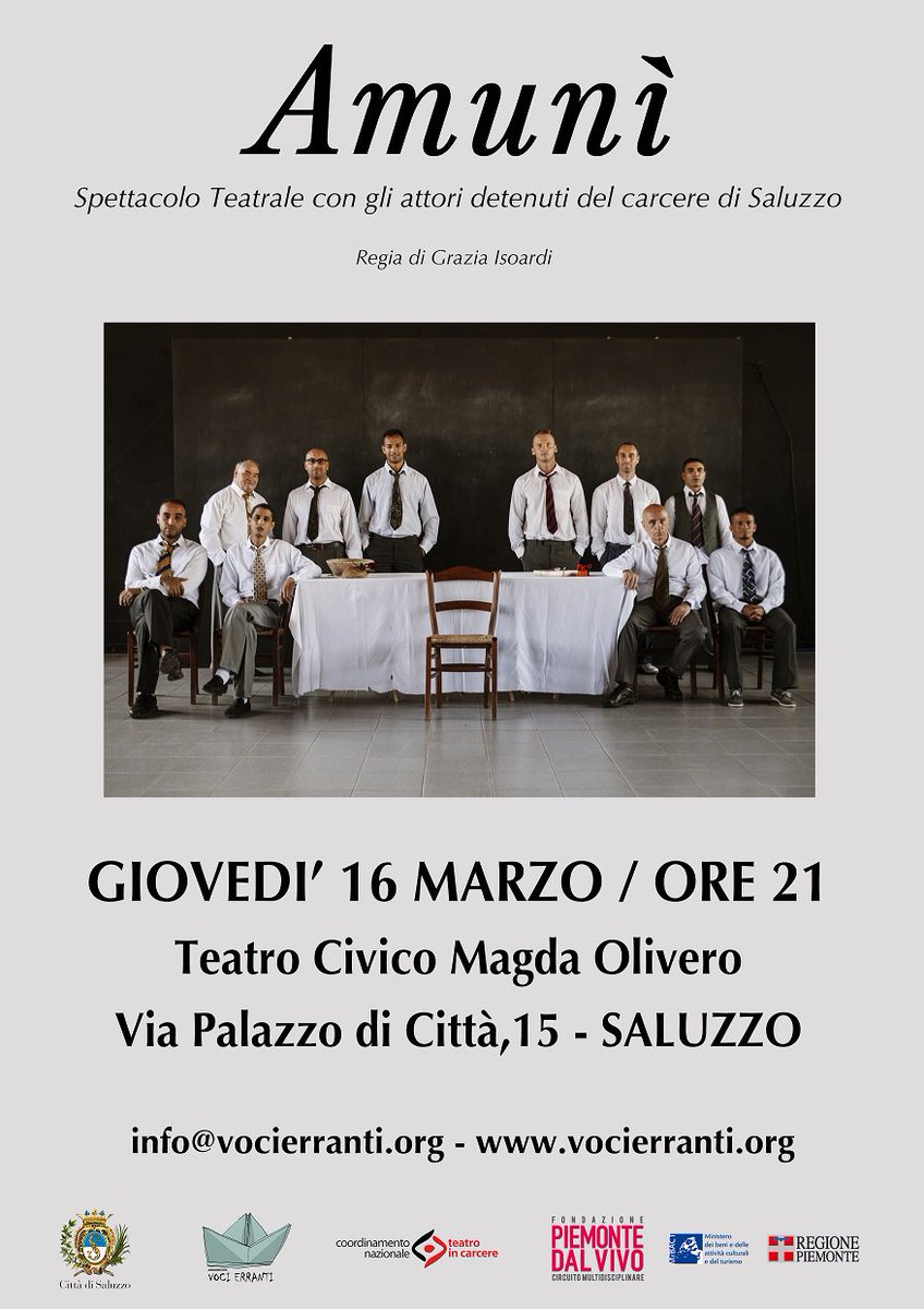 Saluzzo a teatro: giovedì 16 marzo va in scena Amunì con i detenuti del carcere di Saluzzo #vocierranti comune.saluzzo.cn.it/saluzzo-a-teat…
