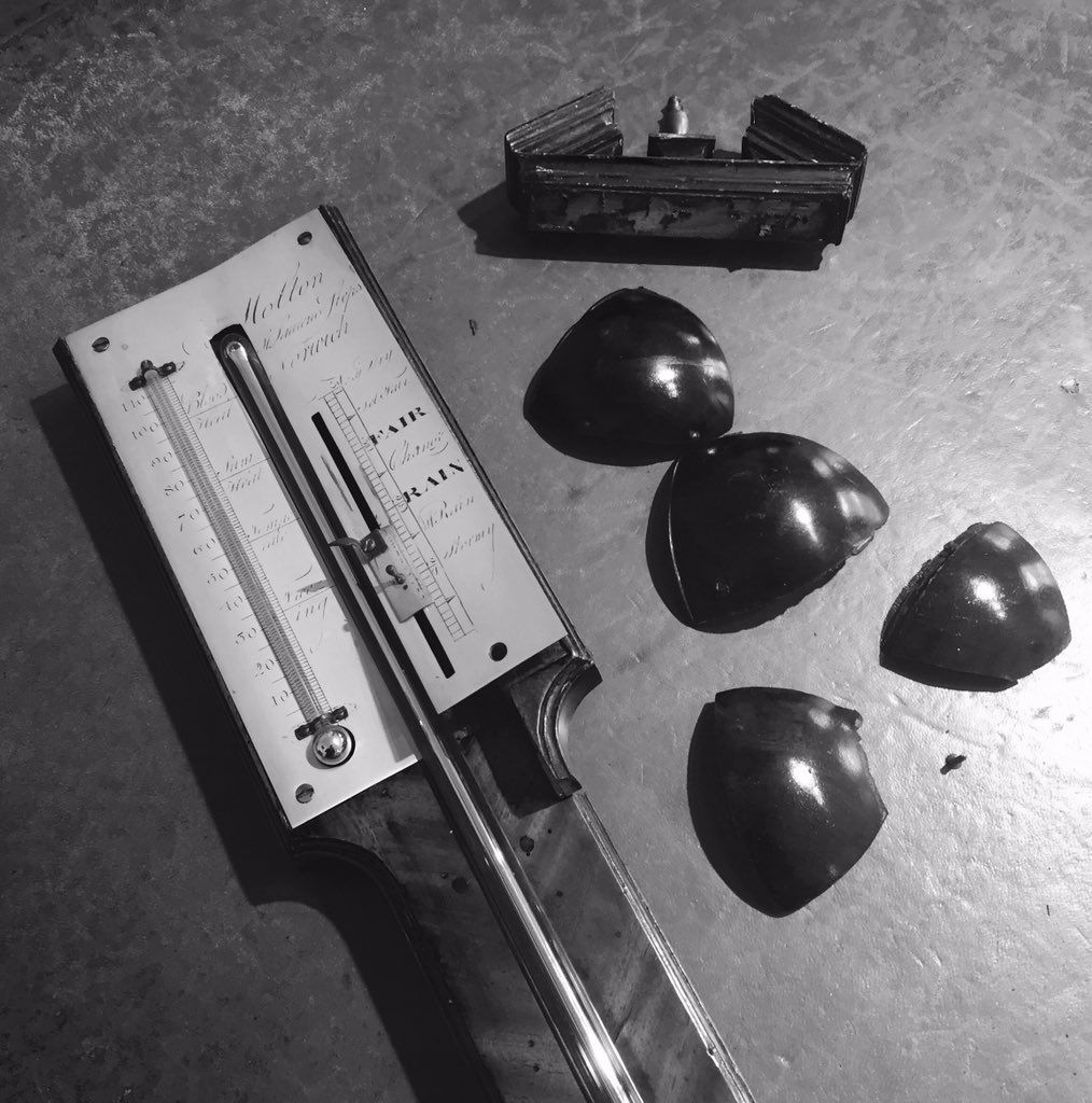 PAOxleyClocks's tweet photo. This is what happens when a Georgian barometer falls off a wall.... In for repair... #barometer #restoringhistory #weatherinstrument https://t.co/CoQhpifDzV