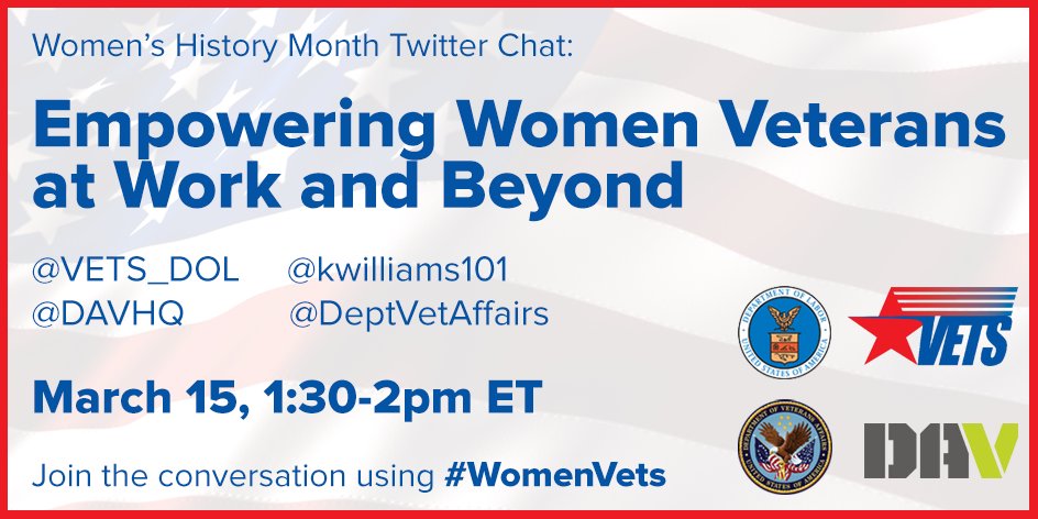 Join <a href="/DAVHQ/">DAV (Disabled American Veterans)</a>, <a href="/kwilliams101/">Kayla M. Williams</a>, <a href="/DeptVetAffairs/">Veterans Affairs</a> and us tomorrow, 1:30-2pm ET, to discuss resources to empower #WomenVets. #WomensHistoryMonth