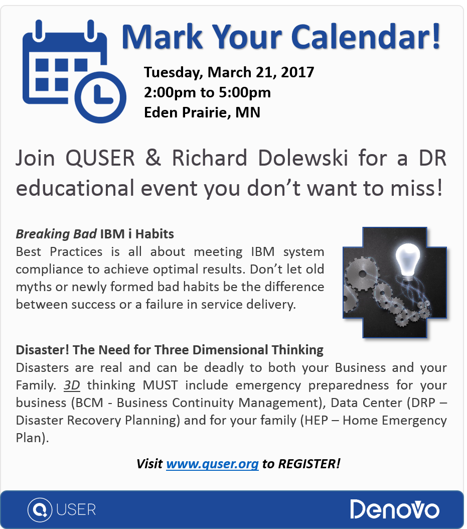 Join Richard Dolewski <a href="/quserug/">QUSER user group</a> Minneapolis as he shares his knowledge of Disaster Recovery! Find more info here: lnkd.in/gaF8rn
