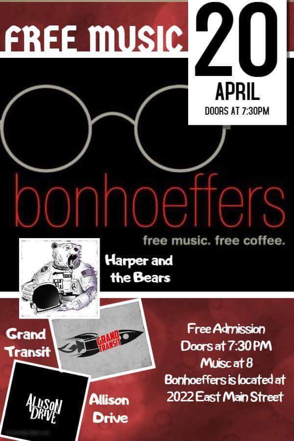 Bonhoeffers's tweet photo. Bonhoeffer's End of the Semester Bash is April 20th! It will feature music from Harper and the Bears, Grand Transit, and Allison Drive 🤘☕💃 https://t.co/Jn2k0VZ0dO