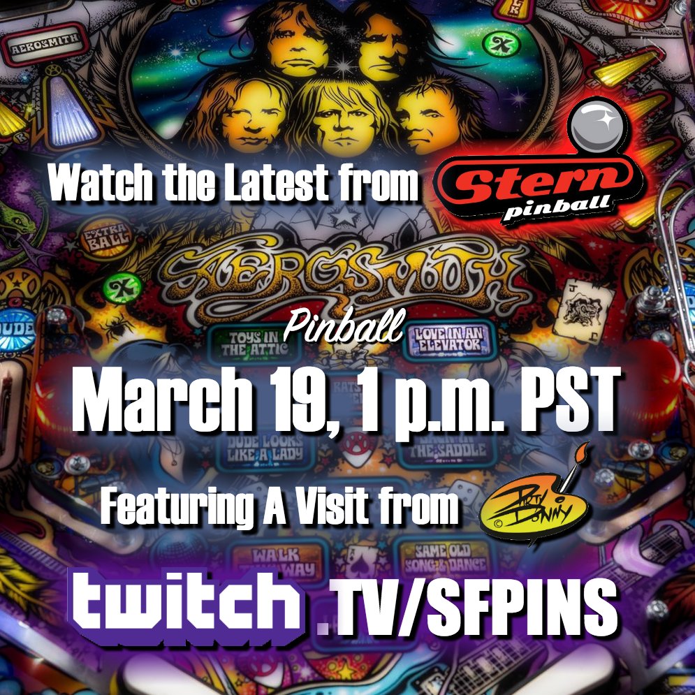This Sunday! Join me and <a href="/DirtyDonnyart/">Dirty Donny Gillies</a> as we play <a href="/sternpinballinc/">@SternPinballInc</a>’s newest machine, <a href="/Aerosmith/">Aerosmith</a>, on <a href="/Twitch/">Twitch</a>! twitch.tv/sfpins