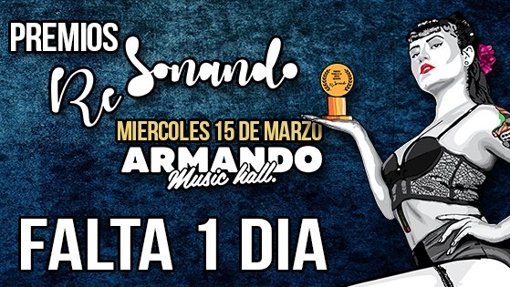 MAÑANA Bogotá vivirá la fiesta de la música emergente.
<a href="/premioresonando/">Premios RE-SONANDO</a>   15 de Marzo <a href="/armandorecords/">Armando Records</a>.
Boletas: atrapalo.com.co/entradas/premi…