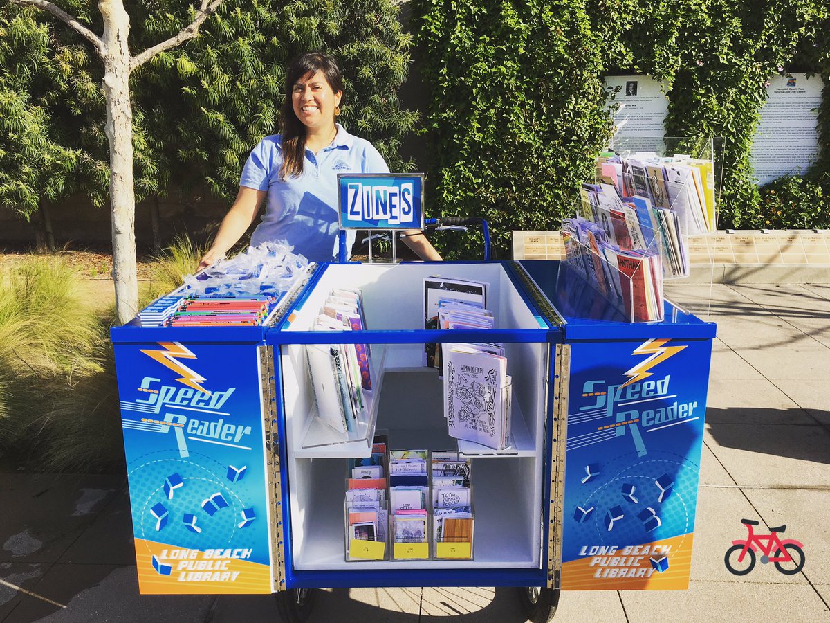 LBCityLibrary's tweet image. Our #LBPLBookBike was checking out zines in the community this morning from the #LBPLZineLibrary!