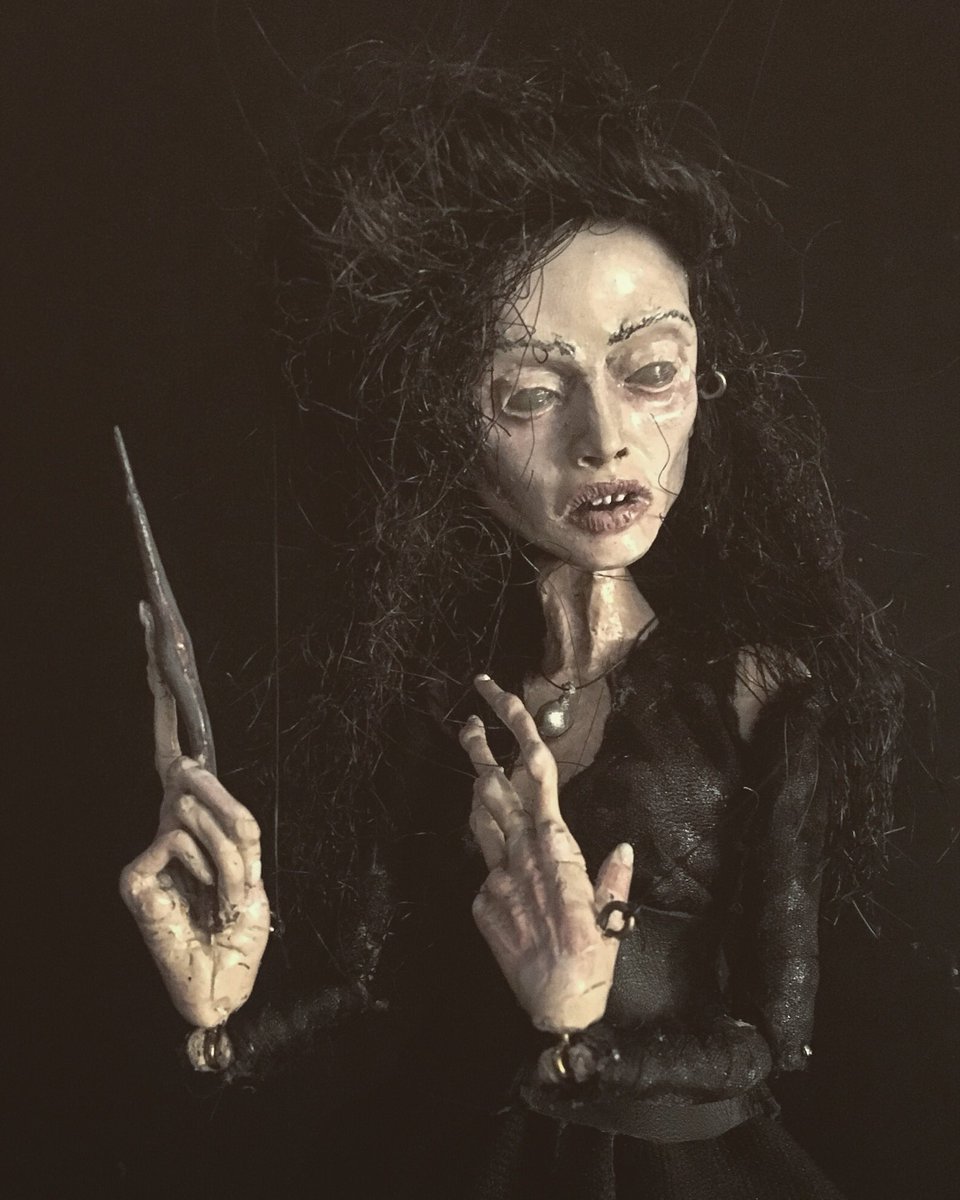 puppet_devils's tweet image. "Righteous anger won't hurt me for long..." Hand sculpted articulated #BellatrixLestrange #marionette #puppet