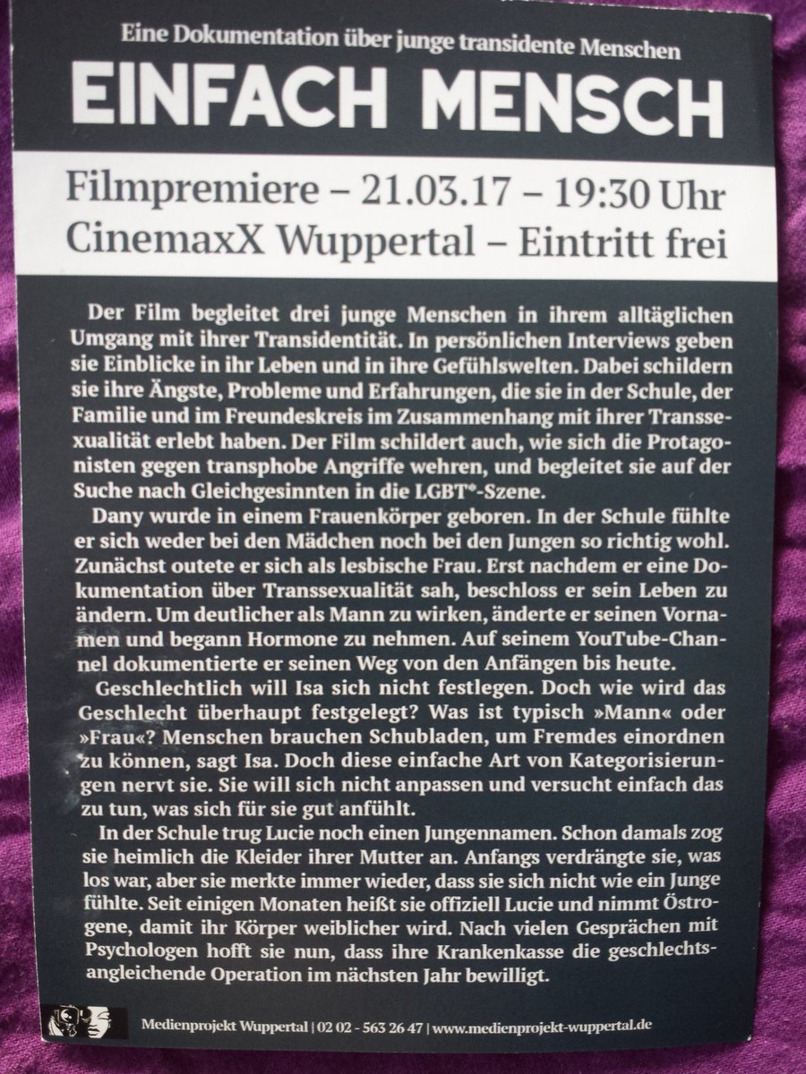 _soHalt_'s tweet photo. Das Medienprojekt Wuppertal mit einer #Doku über transidente Menschen. In einer Woche, Eintritt (wie immer) frei! https://t.co/L1H2kKa6yq