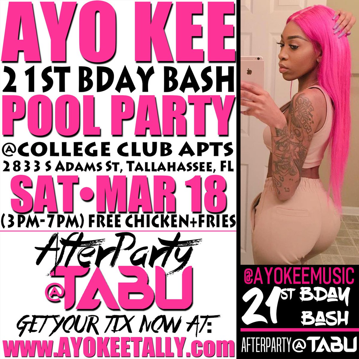 ThickChick850's tweet photo. #AYOKee #BDayBash SAT. MARCH 18th #PoolParty @ CollegeClub [3PM-7PM] • AfterParty at @TABU_NightClub • TIX/Info @ https://t.co/PSB2hGyCUl https://t.co/RHzFeUky9j