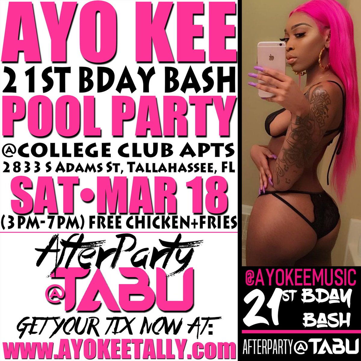 ThickChick850's tweet photo. #AYOKee #BDayBash SAT. MARCH 18th #PoolParty @ CollegeClub [3PM-7PM] • AfterParty at @TABU_NightClub • TIX/Info @ https://t.co/PSB2hGyCUl https://t.co/RHzFeUky9j