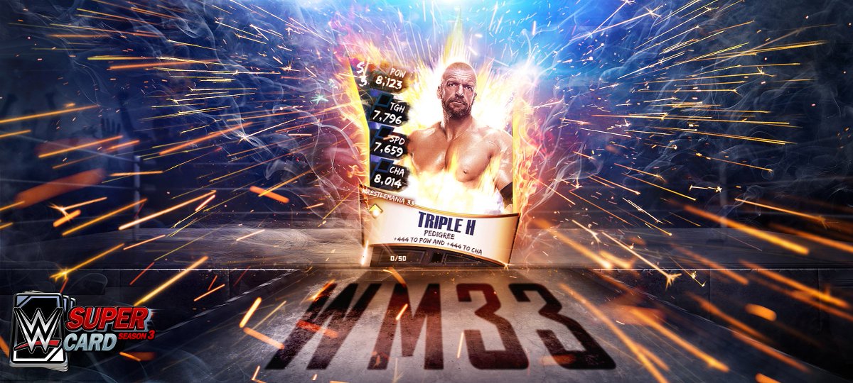 WWESuperCard's tweet photo. WWE SuperCard's road to WM33 gets started with a new tier bursting onto the scene tomorrow! Info's up on the blog: https://t.co/iElSkJTrIu https://t.co/GsPgXm38Y1