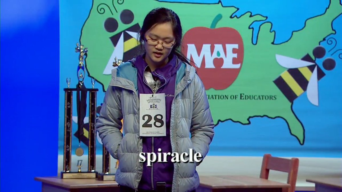 MPBOnline's tweet photo. Soyeon Park spells "spiracle" correctly. She is the 2017 @MSEducators Mississippi Spelling Bee winner! #MSBEE🐝 https://t.co/ZMEymR07Ef