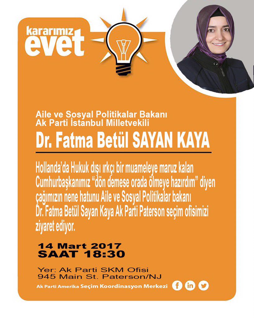 TÜM VATANDAŞLARIMIZ DAVETLİDİR.
14 Mart 2017
Saat:18.30
Yer:945 Main Street Paterson/NJ