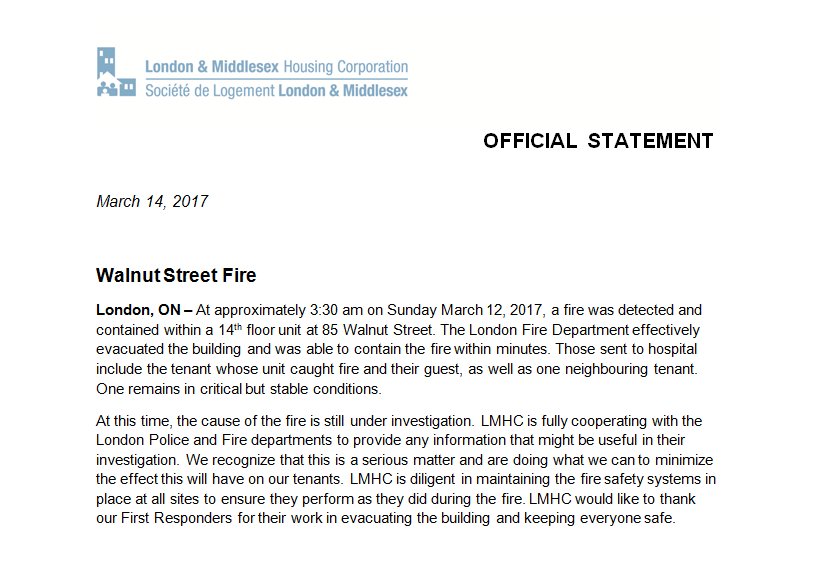 We would like to sincerely thank the London Fire Dept. and <a href="/lpsmediaoffice/">London Police Service ON</a> for their work during Sunday's fire. Official Statement below: