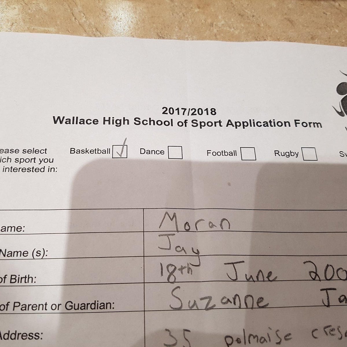 suzymoran's tweet photo. @wallacehighsch @WHS_SSOS think he's excited the forms been filled in #basketball #trialapplication #heslovingfridaytransition https://t.co/KVgNmGSPRt